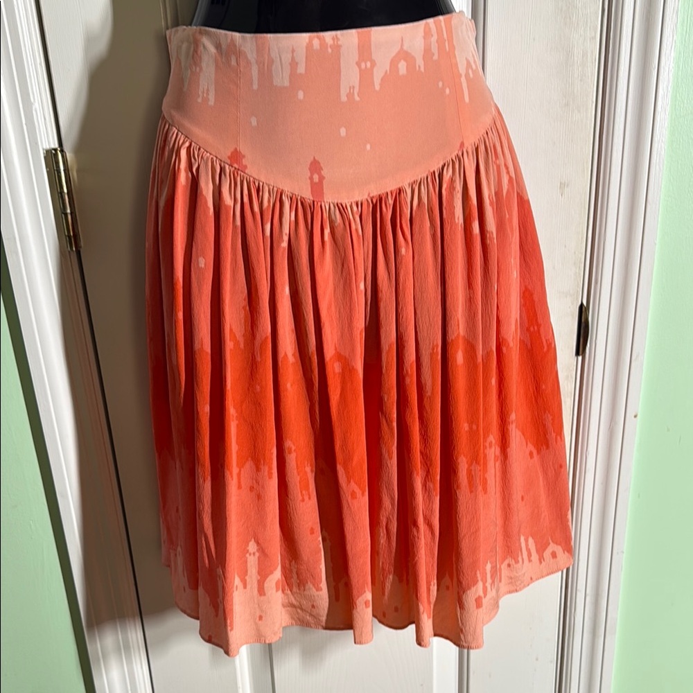 Mara Hoffman Coral/Peach Moroccan Cityscape 100% Silk Designer Skirt Size Medium